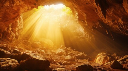 A cave with a natural skylight, where sunlight streams in, illuminating the rocky interior with a golden glow.