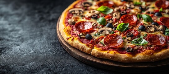 Wall Mural - Delicious Pepperoni Pizza with Mushrooms and Olives