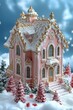 © Khawla - A beautiful delicious gingerbread house decorated for Christmas, with pastel pink and blue colors, on an isolated light cyan background