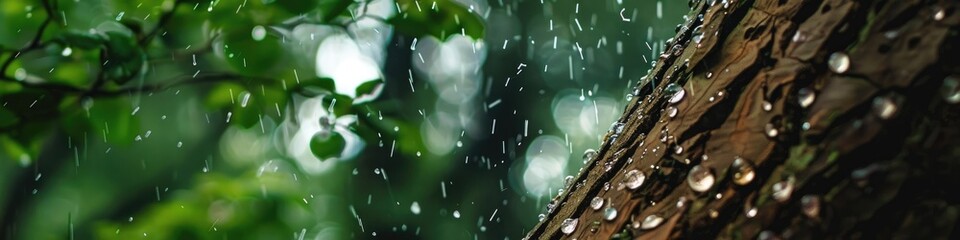 Wall Mural - Close-up of raindrops on foliage in a woodland setting