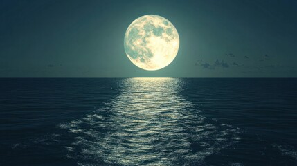Wall Mural - a full moon reflecting on the surface of the ocean, creating a path of silver light.