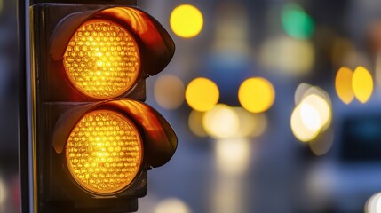 A close-up of a traffic light showing yellow, signaling caution as vehicles approach.