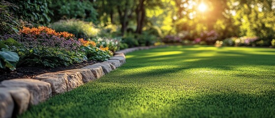 Sticker - Lush Green Grass Lawn With Stone Border and Flowers in the Foreground