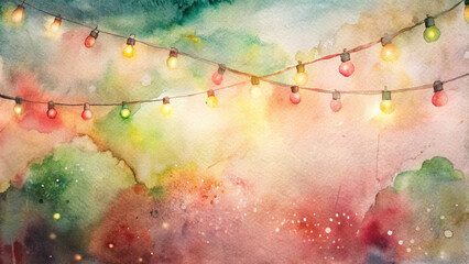 Watercolor Christmas lights with colorful bulbs and a festive background and copy space