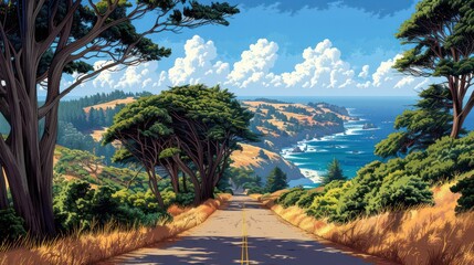 A scenic coastal road surrounded by lush greenery and cliffs, leading to a beautiful ocean view under a blue sky.