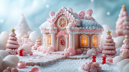 A beautiful delicious gingerbread house decorated for Christmas, with pastel pink and blue colors, on an isolated light cyan background