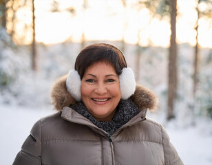 Wall Mural - Smiling Hispanic Woman Winter Portrait in Snow Covered Forest