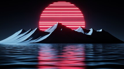 Futuristic red sun setting over dark mountains, water reflections, neon lines, blending retro and sc