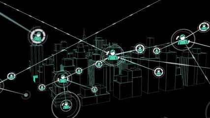 Sticker - Animation of network of connections with icons and city on black background