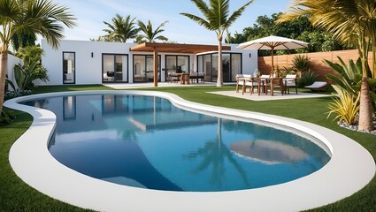 Canvas Print - minimalist outdoor setting featuring a kidney-shaped swimming pool with a smooth white concrete border