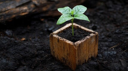 Young plant in wooden box on dark soil, growth and sustainability concept