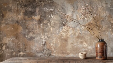 Poster - Aged wall and wooden desk on brown backdrop