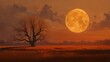© phattharabodin - A harvest Moon low on the horizon, glowing orange and large in the twilight sky.