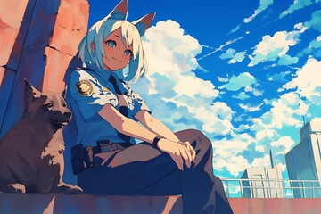 Canvas Print - Anime girl with cat ears in police uniform sitting on a rooftop looking at the sky.