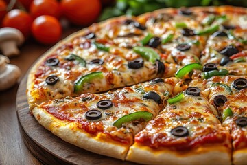 Wall Mural - Closeup of Delicious Pizza with Green Peppers and Black Olives