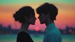 © kometa - Silhouetted couple against romantic sunset background capturing love, connection, and serenity with a soft gradient of pastel colors creating dreamlike ambiance for designs and emotional storytelling
