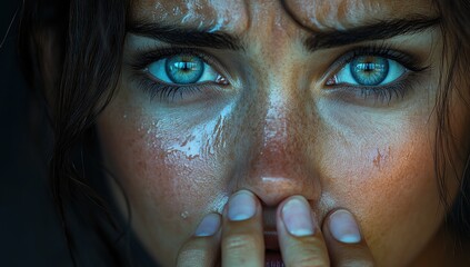 Sticker - Close-up portrait of a woman with blue eyes and wet skin