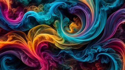 Abstract colorful swirling smoke pattern on black background.