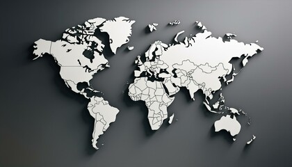 Minimalistic 3D world map on a soft black and white gradient background