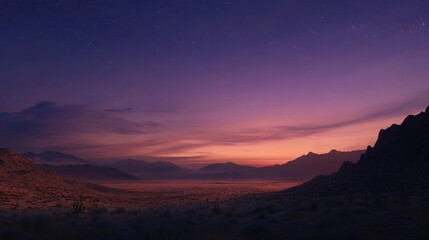 A panoramic view of a desert at twilight, with the sky transitioning from day to night.