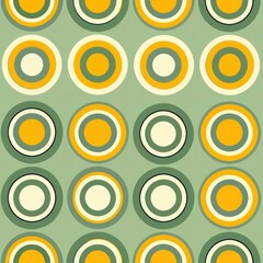 This pattern showcases sage green and sunflower yellow circles in a retro style, perfect for adding a nostalgic touch to home decor and fashion.