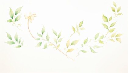 Wall Mural - A delicate watercolor illustration of green leaves and a soft flower, perfect for botanical themes and nature-inspired designs.