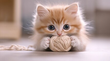 Wall Mural - A small kitten playing with a ball of yarn on the floor, AI