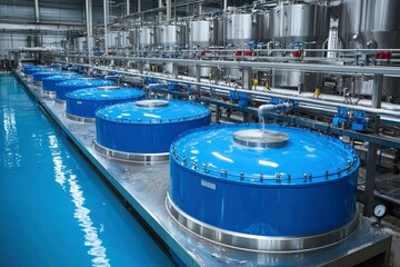 Wall Mural - Industrial Blue Cylindrical Tanks in a Factory Setting