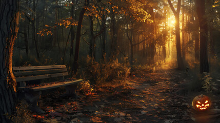 Wall Mural - a peaceful forest scene at sunset, with warm light streaming through the trees. On the left, there’s a wooden bench