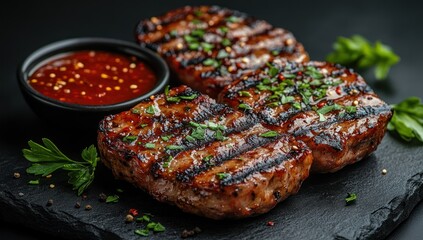 Wall Mural - Juicy Grilled Steaks with Red Sauce and Parsley