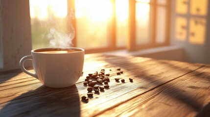 Wall Mural - A steaming cup of coffee resting on a wooden table with scattered coffee beans in the warm glow of the morning sun