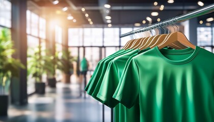 Wall Mural - Green t-shirts on hangers in a store with space for branding and logos, on blurred indoor background, concept of mockup. Generative AI