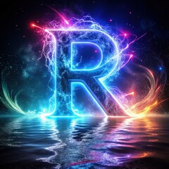 Canvas Print - Vibrant blue and purple electrified letter R reflected in a calm water setting. Generative AI