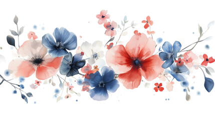 Wall Mural - Watercolor floral border with pink and blue flowers on a white background