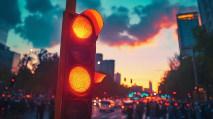 A traffic light at a busy intersection during a parade, with crowds and floats passing by.