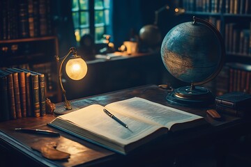 Wall Mural - A cozy study with a globe, open book, and warm lighting for learning.