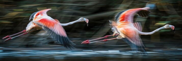 Poster - Motion blur image capturing flamingos in flight at a waterway in the early hours.