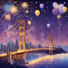 Wall Mural - A vibrant scene celebrating the arrival of the New Year 2025 with bright fireworks and a festive atmosphere.  