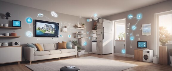 Wall Mural - illustrate the concept of the Internet of Things with an image of a smart home, featuring various connected devices and appliances, shot from a low angle with a wide-angle lens