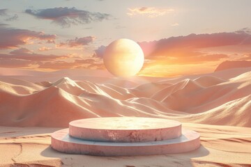 Wall Mural - A large, glowing sun is in the sky above a desert landscape