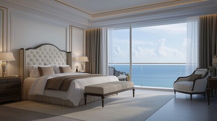 Wall Mural - Luxurious bedroom with ocean view in a modern coastal hotel, featuring elegant decor and ample natural light