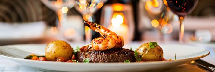 Poster - Elegant surf and turf dish with Cajun seasoned shrimp and steak accompanied by new potatoes at a sophisticated celebration.