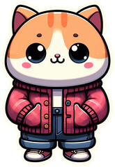 Sticker - Cute cartoon cat wearing a red sweater and blue jeans