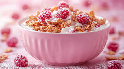 Poster - fresh milk flows over a vibrant mix of cereal and ripe berries. The image captures a sense of nourishment, vitality, and natural simplicity, symbolizing wholesome breakfast moments