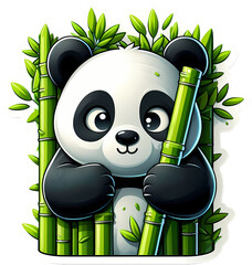 Canvas Print - Cute cartoon panda bear holding bamboo. Adorable panda with bamboo illustration.