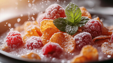 Wall Mural - fresh milk flows over a vibrant mix of cereal and ripe berries. The image captures a sense of nourishment, vitality, and natural simplicity, symbolizing wholesome breakfast moments