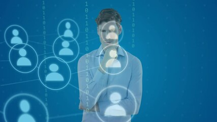 Sticker - Animation of network of connections and data processing over caucasian man on blue background