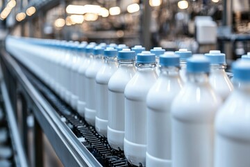 Wall Mural - Close-up of White Plastic Bottles on a Conveyor Belt in a Factory