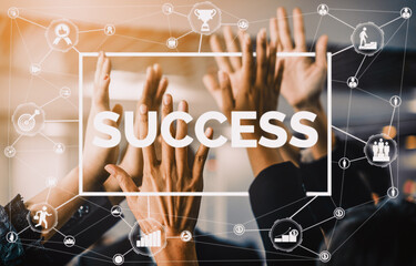 Achievement and Business Goal Success Concept - Creative business people with icon graphic interface showing employee reward giving for business success achievement.