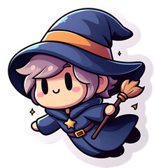 Sticker - Cute cartoon witch with a broom and a big smile